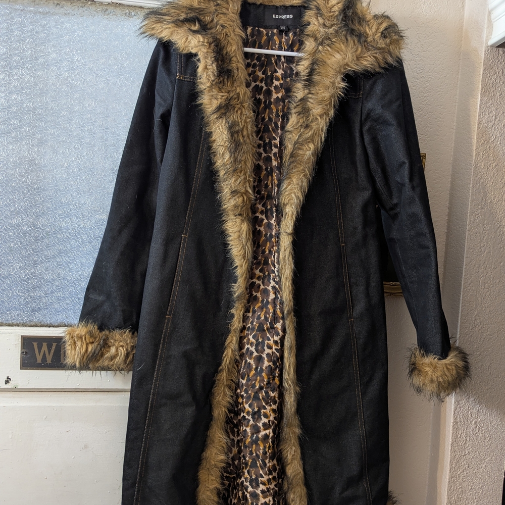 Express denim Coat with Faux Fur Trim